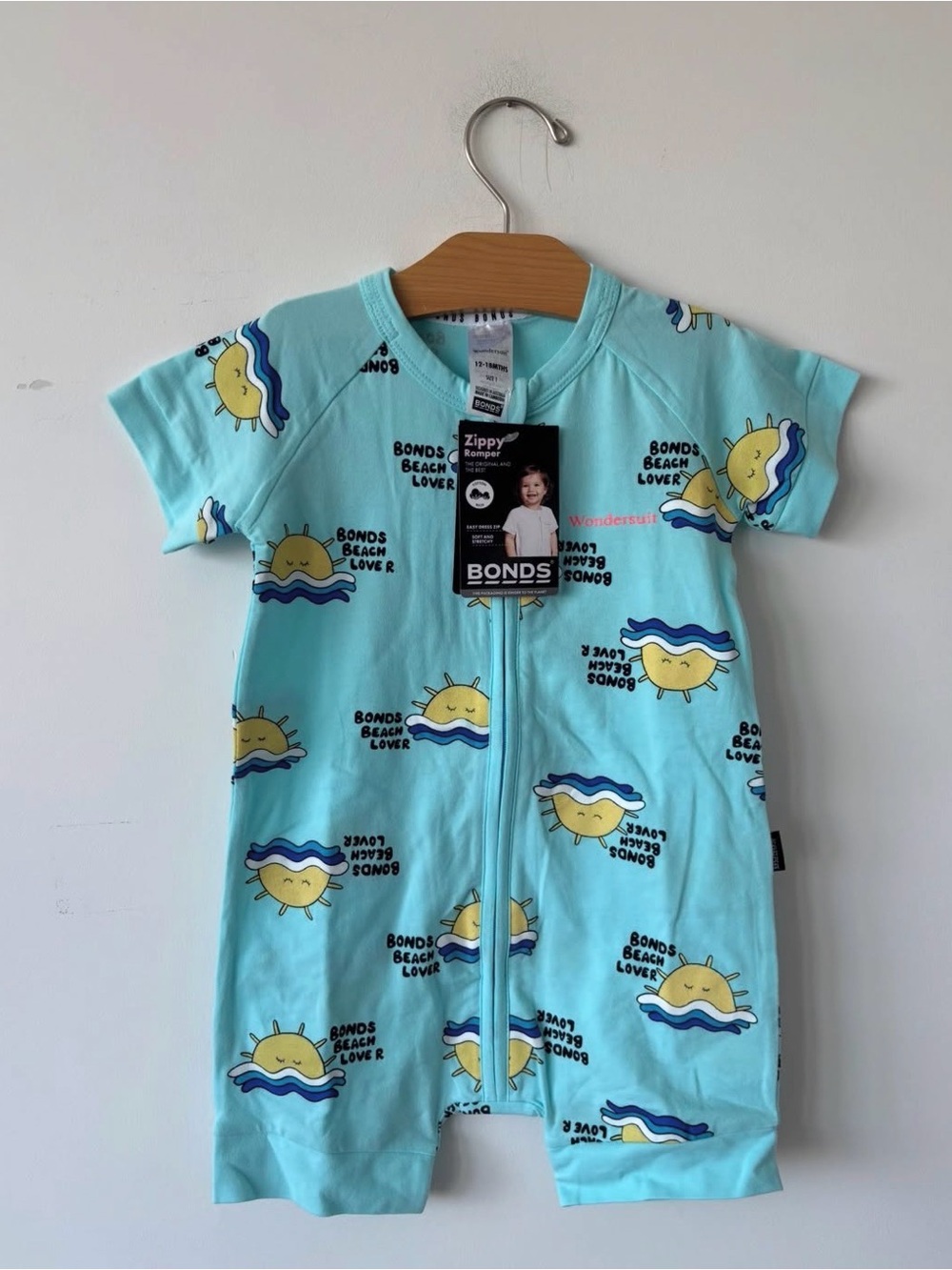 Bonds Baby Zippy Romper in Aqua with Yellow Sun Motif